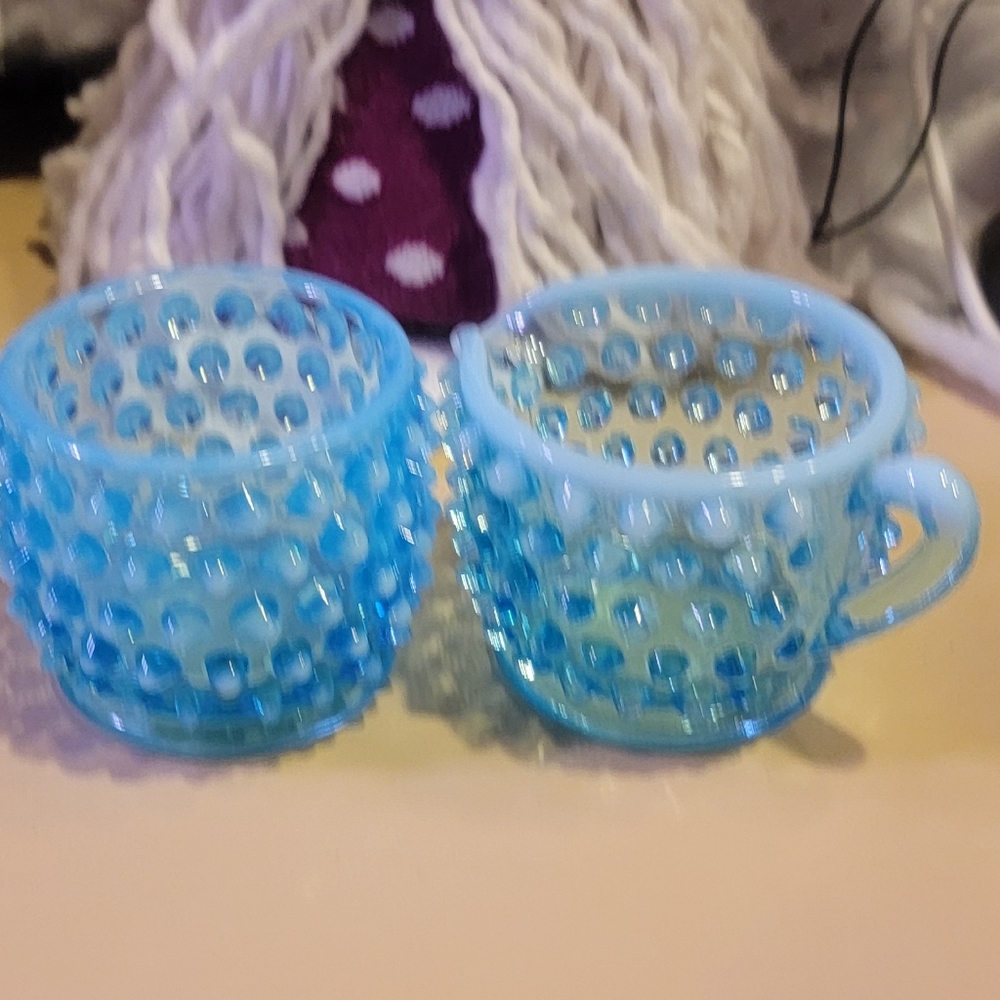 Vintage Fenton blue Hobnail mini creamer & cup